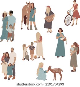 Set Of Vector Hand Drawn People, Young Girl With Horse, With The Deer, Family, Friendship, Mother, Father And Daughter, Kids, Baby Girl, Baby Boy, Girl With Bycicle, Girl With Basket