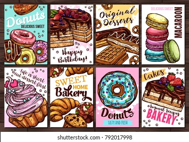 Set of vector hand drawn posters with sweets, homemade bakery, donuts, cakes, macaroons and desserts. Collection of colorful sketch cards with typographic