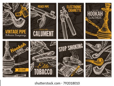 Set of vector hand drawn posters with tobacco and smoking collection: cigarettes, cigars, hookah, tobacco leaves, pipes. Collection of trendy sketch cards with typographic on the chalkboard