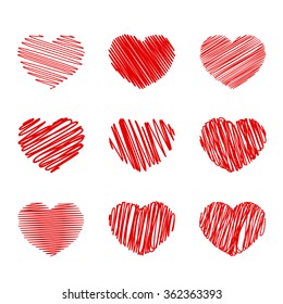 Set of vector hand drawn red hearts. Happy Valentine day