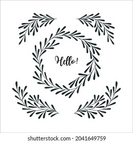 Set of vector hand drawn romantic wreaths and branches.