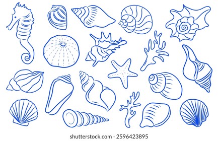 Set of vector hand drawn sea shells, sea animals, coral illustration, line drawing sea animal collection, 
doodle style. Cute underwater creatures, vector line, blue ultramarine color