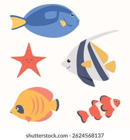 Set of vector hand drawn sea animals characters. Ocean underwater aqua life elements on isolated white background. 