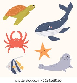 Set of vector hand drawn sea animals characters. Ocean underwater aqua life elements on isolated white background. 