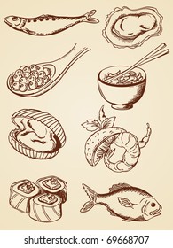 set of vector hand drawn seafood in retro style