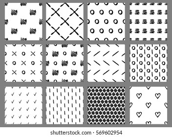 Set of vector hand drawn seamless patterns. Black and white simple geometric backgrounds with lines, scribbles, circles, cross, rhombus, and squares. Series of Hand Drawn and Simple Seamless Patterns.