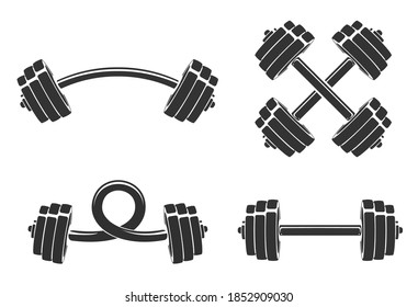 Set vector hand drawn silhouettes of dumbbell and barbell isolated on white background. Template for sport icon, symbol, logo or other branding. Modern retro illustration.