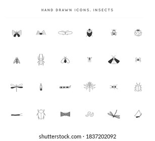 Set of vector hand drawn simple illustrations. Insect icons. Butterflies, spiders and beetles. For branding and business identity. For garden shops, for pest control companies.