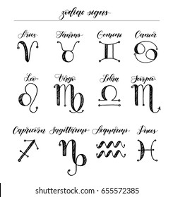 Set Of Vector Hand Drawn In Sketch Style Astrology Illustrations Of The Zodiac Signs And Calligraphic Handwritten Names. Classic Black And White Colors. Simple And Minimalistic.