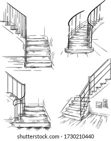 set of vector hand drawn staircases, interior design element. 