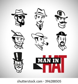 Set of vector hand drawn stylish man in hat portraits isolated on white backdrop. Old fashioned retro.