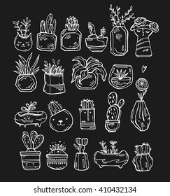 Set of vector hand drawn succulent plants and cactuses in pots. Linear botanical vector icons on black background.