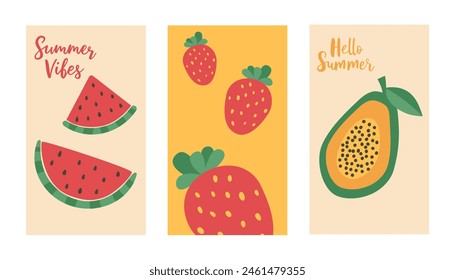 Conjunto de tarjetas de verano dibujadas a mano de Vector con fresas, sandía, papaya.