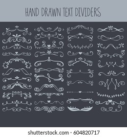 Set of vector hand drawn text dividers with flourish elements isolated on chalkboard.