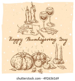 Set of vector hand drawn Thanksgiving illustrations.