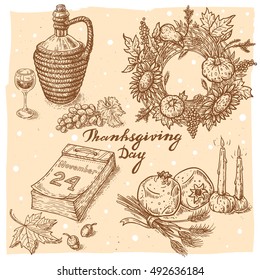 Set of vector hand drawn Thanksgiving illustrations.