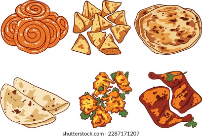 Set of vector hand drawn traditional indian food isolated on white background.