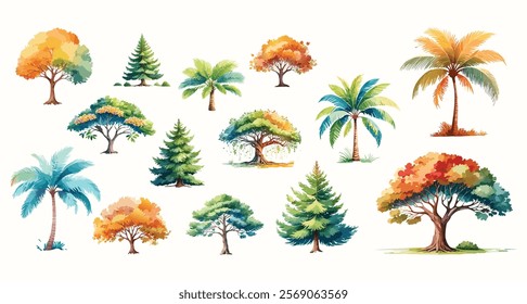 Set of vector hand drawn tree watercolor illustration on white background.	