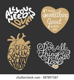 Set of vector hand drawn typography design element in heart shape for greeting cards, prints and posters in vintage style. Inspirational calligraphy phrases. Unique lettering poster.