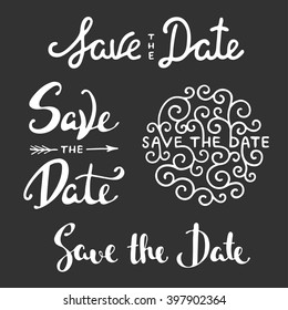 Set of vector hand drawn typography design element for greeting cards or invitations. Save the date calligraphy phrases. Unique lettering. Vintage templates.