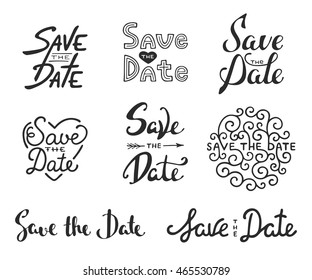 Set of vector hand drawn typography design element for greeting cards or invitations. Save the date calligraphy phrases. Unique lettering. Vintage templates. Art isolated on white background.