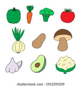 Set of vector hand drawn vegetables isolated on white. Doodle style illustration. Cauliflower, bulgarian pepper, carrot, broccoli, tomato, potato, avocado, cauliflower, mushroom, onion and garlic
