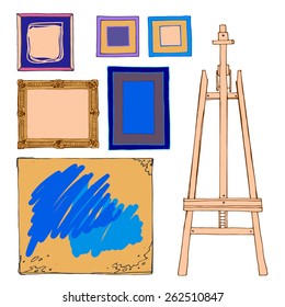 Set of vector hand drawn vintage frames, easel on white. Color vector