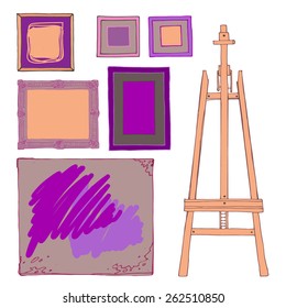 Set of vector hand drawn vintage frames, easel on white. Color vector