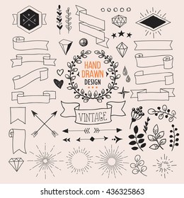 Set of vector hand drawn vintage design elements.