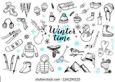 Set of vector hand drawn winter doodles on a white background. Clothing, sports equipment and nature design elements.