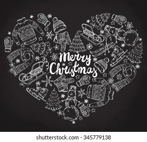Set of vector hand drawn winter holiday elements in heart form. Warm clothes, hat, sleigh, scarf, sweater, snowman, ski, tree and other. Beautiful Christmas greeting card