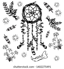 set of vector hand drawned symbols of dream catcher, feathers, herbs, bones and stars.witch and boho style. On white background