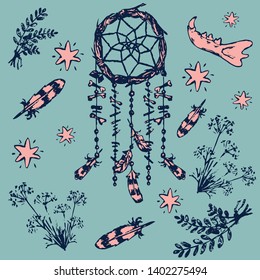 set of vector hand drawned symbols of dream catcher, feathers, herbs, bones and stars.witch and boho style. On blue background