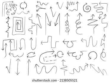 Conjunto de flechas de dibujo de la mano vectorial.señas o símbolos de dirección, flecha, fuegos artificiales, arco, cola, corazón, conjunto, línea, amor, burbuja de habla, puntero,Flechas de dibujo de la mano vectora y concepto de dirección.