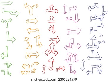 Conjunto de flechas de dibujo de la mano vectorial.señas o símbolos de dirección, flecha, fuegos artificiales, arco, cola, corazón, conjunto, línea, amor, burbuja de habla, puntero,Flechas de dibujo de la mano vectora y concepto de dirección.