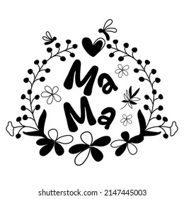 Set of vector hand lettering and floral patterns for Mother's Day, designed in black tones. It can be adapted to various applications such as cards, tshirt designs, gifts for moms, bag designs, mug