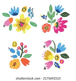 Conjunto de flores y hojas pintadas a mano vectorial