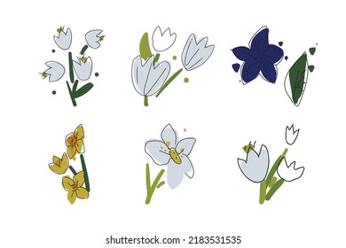 Set of vector hand painted flowers and leaves