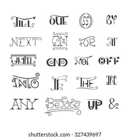 Set of vector hand written catchwords pretexts and ampersands in doodle style. Sketched calligraphic design elements.