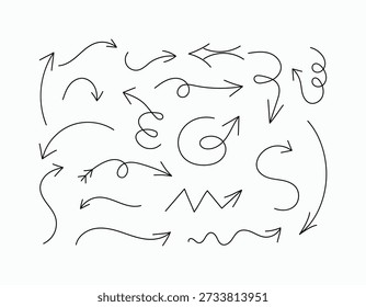 Un conjunto de iconos de flecha dibujados a mano de Vector. Estilo Doodle, negro sobre fondo blanco. Una colección de diversos Elementos para el diseño conceptual.