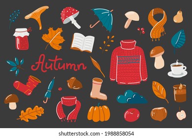 Set of vector hand-drawn autumn elements in warm colors on a dark background Collection of isolated seasonal icons: scarf, leaves, mushrooms, berries, jam, sock, shoes, umbrella, tea, acorn, nut