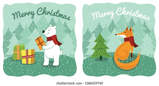 Set Vector hand-drawn card. Polar bear  in the winter forest waiting Christmas and new year. Fox in the winter forest waiting for Christmas and New Year.