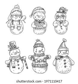 Set of vector hand-drawn Christmas characters snowmen in doodle style. Kind and cheerful snowmen in New Year's costumes. Christmas collection.