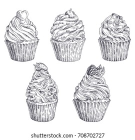 Set of vector hand-drawn cupcakes. Template for postcard, web design, menu, cover, advertising, packaging, printing. Sketch background, pattern, texture, wallpaper with cakes