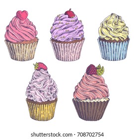 Set of vector hand-drawn cupcakes. Template for postcard, web design, menu, cover, advertising, packaging, printing. Sketch background, pattern, texture, wallpaper with cakes