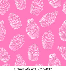Set of vector hand-drawn cupcakes. Template for postcard, web design, menu, cover, advertising, packaging, printing. Seamless sketch background, pattern, texture, wallpaper with cakes