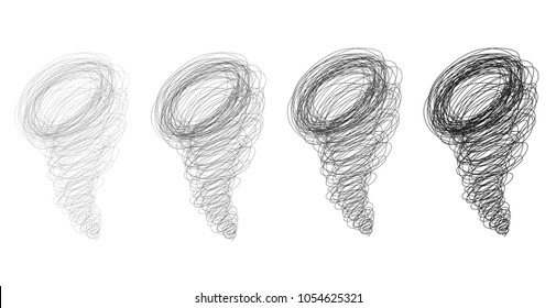 Set of vector hand-drawn doodle scribbled hurricane symbols of different line intensity. Sketch black outline thick and thin line cyclone tornado sign for educational, business, weather infographic