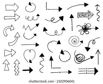Set of vector hand-drawn doodles. Sketch of the design of the directional arrow.