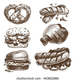 Set of vector hand-drawn elements for Oktoberfest. Traditional Bavarian food. Festival food. Shank, sausage, burger, pretzels.