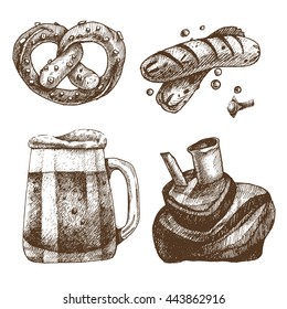 Set of vector hand-drawn elements for Oktoberfest. Traditional Bavarian food. Beer, knuckle, sausages and pretzels.